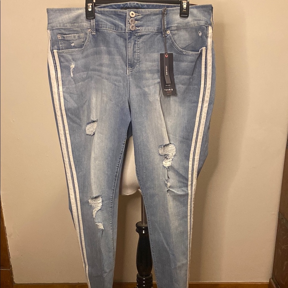 Torrid Blue Skinny Jeans with Distressed Accents